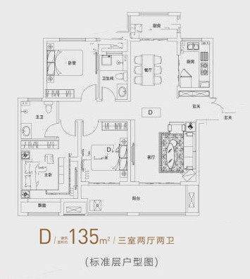 洛陽建業(yè)貳號城邦D戶型三室兩廳兩衛(wèi)135平方戶型圖