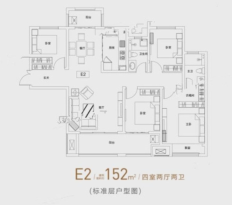 洛陽建業(yè)貳號城邦E戶型四室兩廳兩衛(wèi)152平方戶型圖